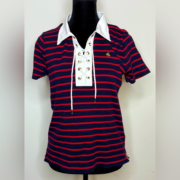 Lauren Ralph Lauren Tops - Ralph Lauren preppy nautical stripe lace up collar polo shirt medium EUC